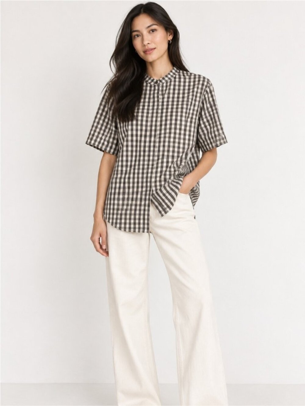Lafayette 148 New York Black and Cream Gingham Short-Sleeve Button-Down size L